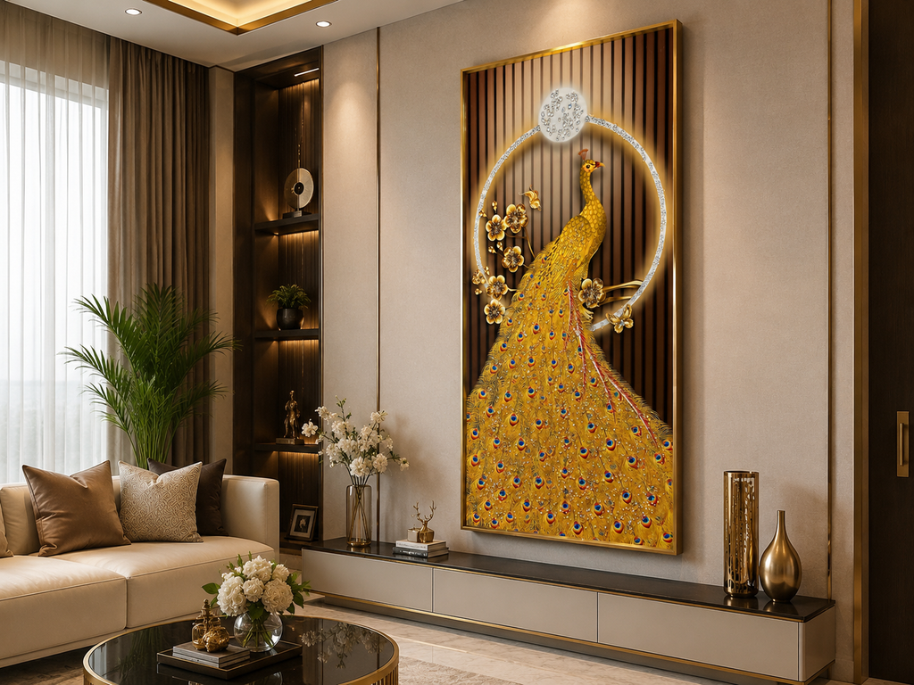 LuxePlume | Golden Crystal Peacock Wall Art | 40*90 cm