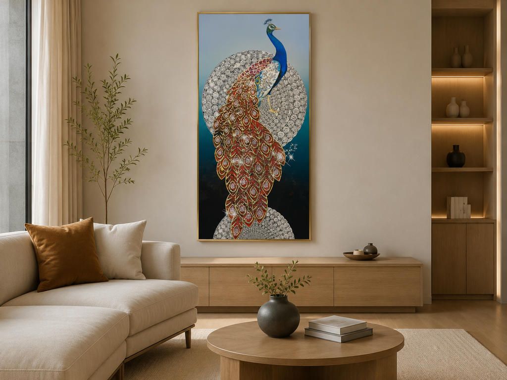 RegalPlume| Crystal Peacock Wall Art, Size: 100 × 50 cm
