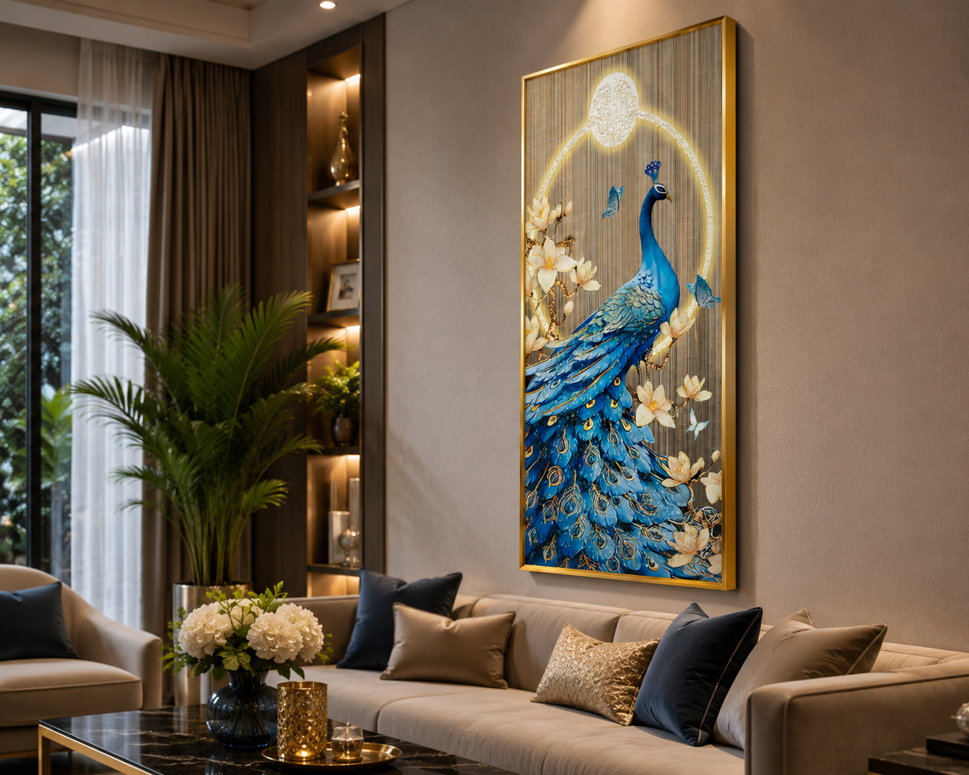 ScarletMuse | Crystal Blue Peacock Wall Art (100 × 50 cm)