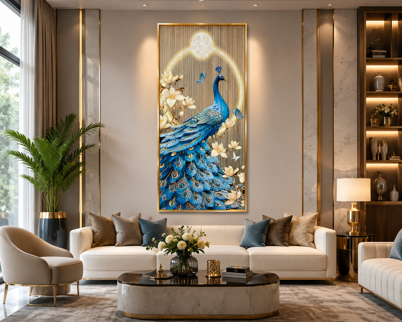 ScarletMuse | Crystal Blue Peacock Wall Art (100 × 50 cm)