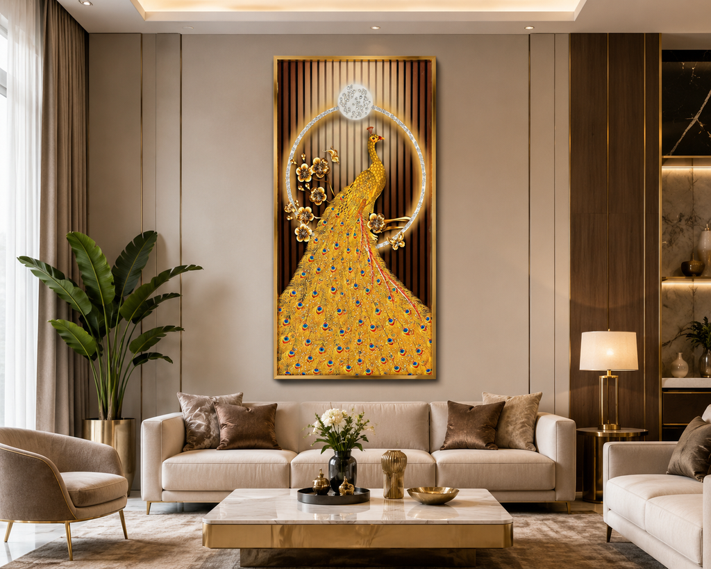 LuxePlume | Golden Crystal Peacock Wall Art | 40*90 cm