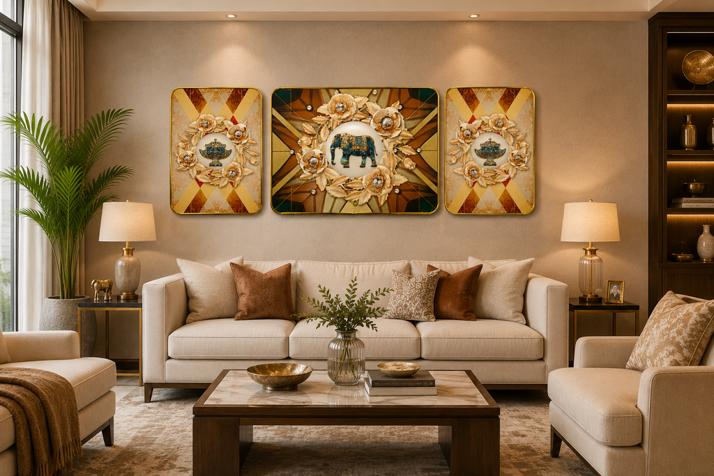 Aurora Heritage | 3- Piece Jeweled Elephant Wall Art Set | 3 Pieces- 60*40 cm main, 40*20 cm side frame