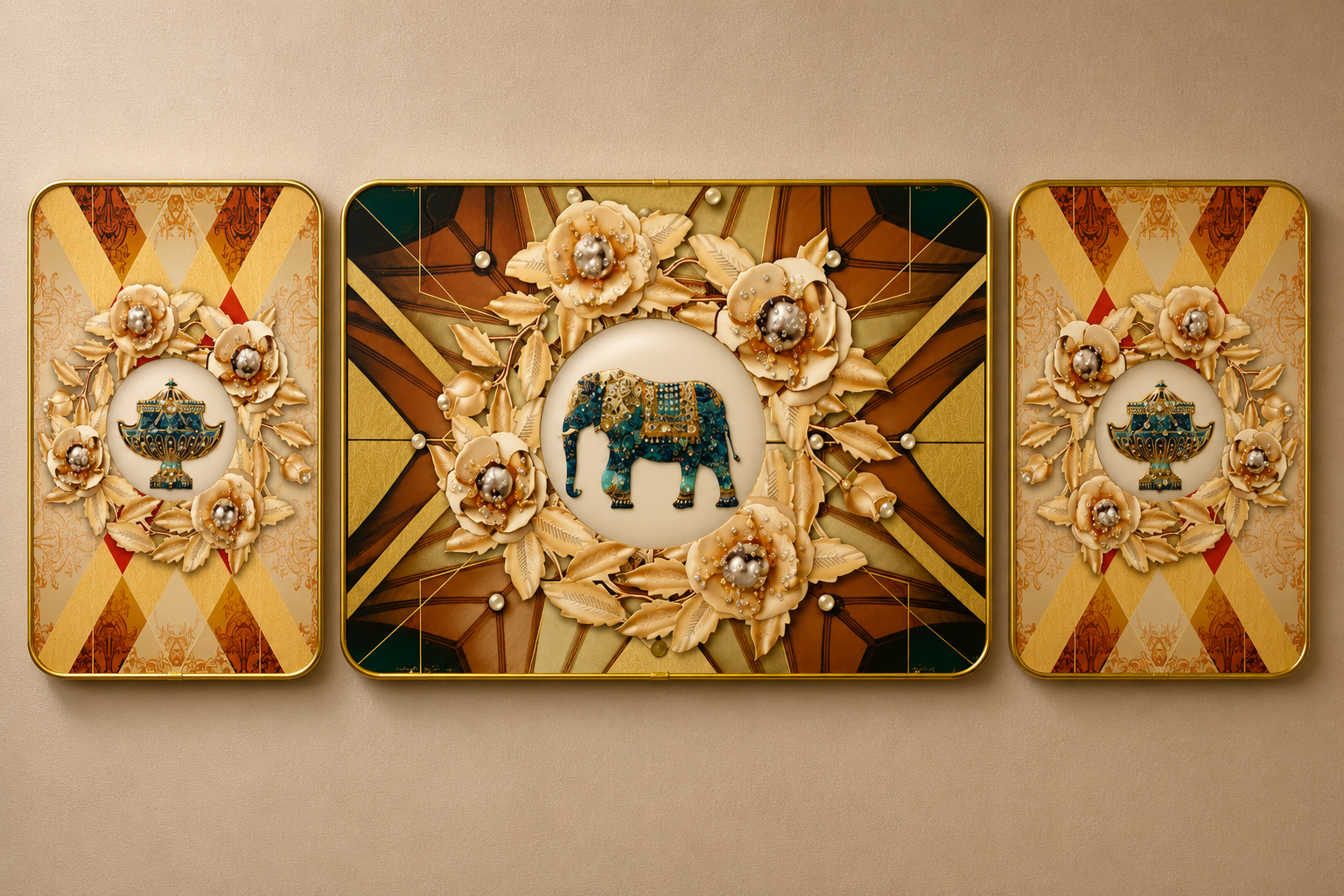 Aurora Heritage | 3- Piece Jeweled Elephant Wall Art Set | 3 Pieces- 60*40 cm main, 40*20 cm side frame