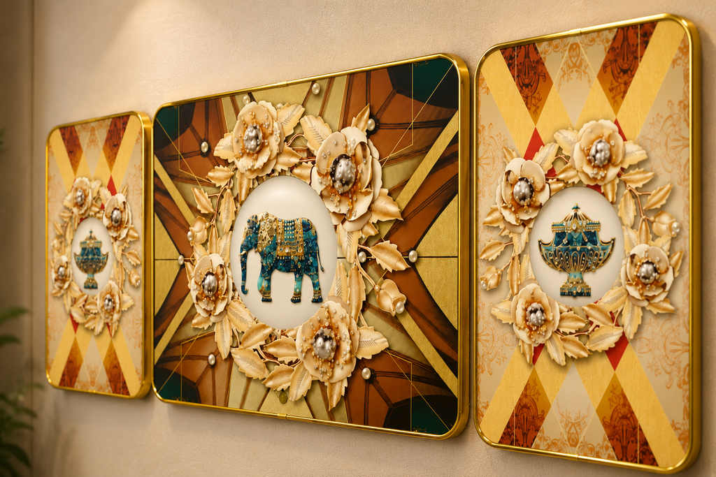 Aurora Heritage | 3- Piece Jeweled Elephant Wall Art Set | 3 Pieces- 60*40 cm main, 40*20 cm side frame