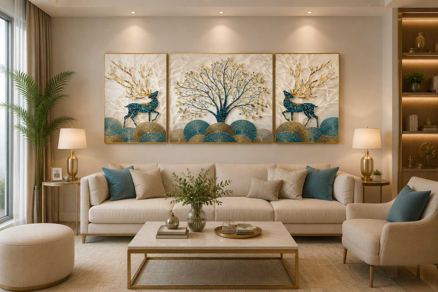 Enchanted Grove | 3-Piece Golden Tree & Deer Wall Art Set | 3 Pieces- 100*70 cm main, 50*70cm side frames