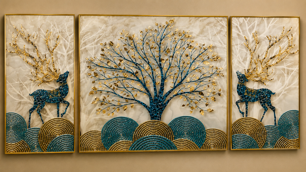 Enchanted Grove | 3-Piece Golden Tree & Deer Wall Art Set | 3 Pieces- 100*70 cm main, 50*70cm side frames