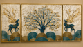 Enchanted Grove | 3-Piece Golden Tree & Deer Wall Art Set | 3 Pieces- 100*70 cm main, 50*70cm side frames