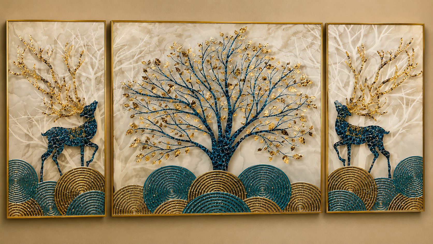 Enchanted Grove | 3-Piece Golden Tree & Deer Wall Art Set | 3 Pieces- 100*70 cm main, 50*70cm side frames