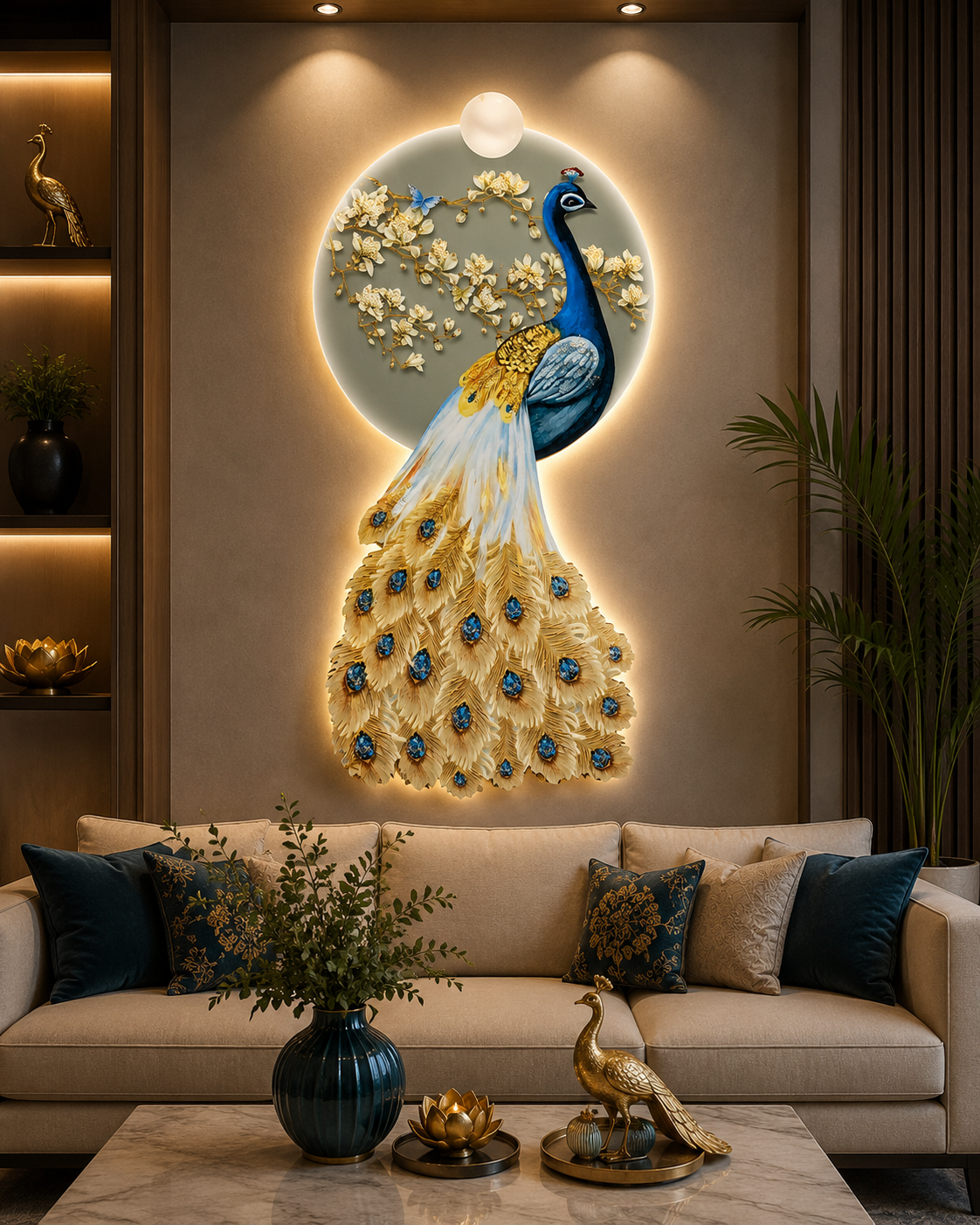 Celestial Peacock | Luxury Floral Peacock Wall Art | 50 × 117 cm