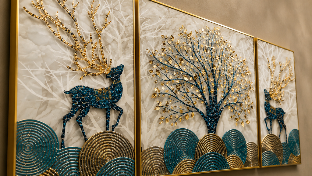Enchanted Grove | 3-Piece Golden Tree & Deer Wall Art Set | 3 Pieces- 100*70 cm main, 50*70cm side frames