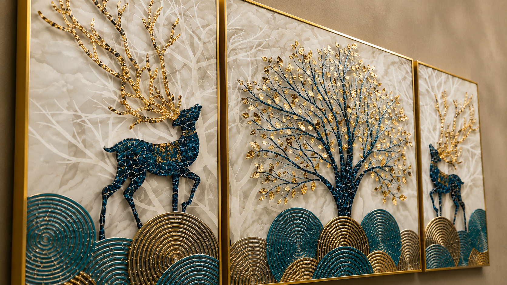 Enchanted Grove | 3-Piece Golden Tree & Deer Wall Art Set | 3 Pieces- 100*70 cm main, 50*70cm side frames