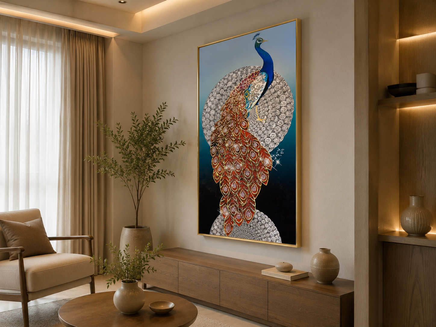 RegalPlume| Crystal Peacock Wall Art, Size: 100 × 50 cm