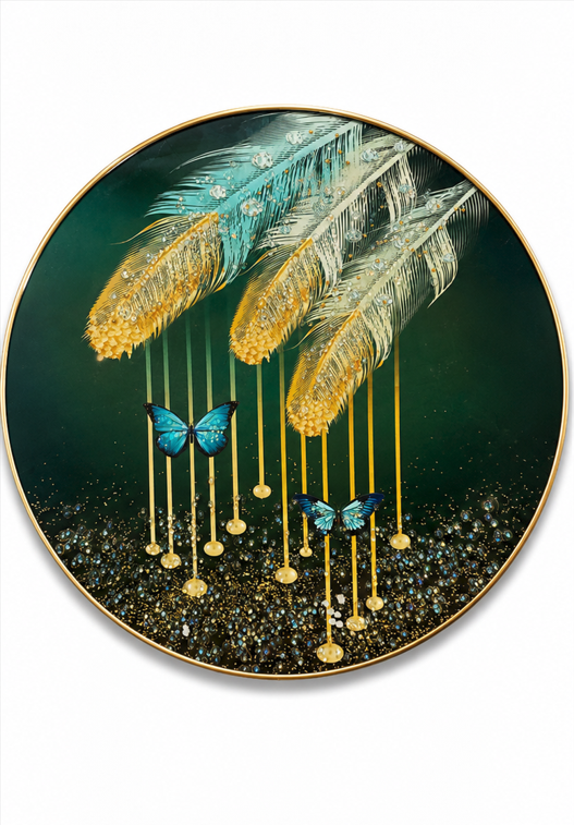 Emerald Plume™ | Luxury Round Feather & Butterfly Wall Art
