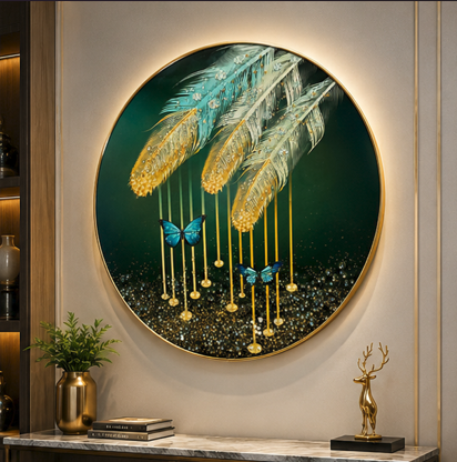 Emerald Plume™ | Luxury Round Feather & Butterfly Wall Art