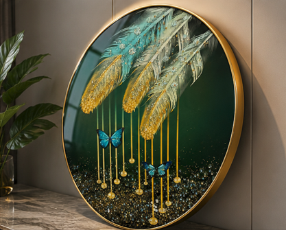 Emerald Plume™ | Luxury Round Feather & Butterfly Wall Art