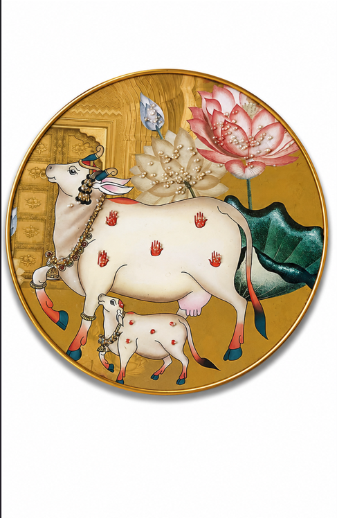Kamdhenu Grace™ | Luxury Sacred Cow & Calf Round Wall Art