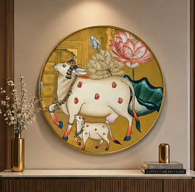 Kamdhenu Grace™ | Luxury Sacred Cow & Calf Round Wall Art